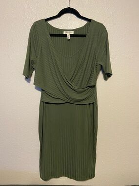 Maternity Olive Green Ribbed Wrap-Front Dress, Size Large